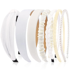 AHONEY front pack of seven white headbands showing all styles and convenience