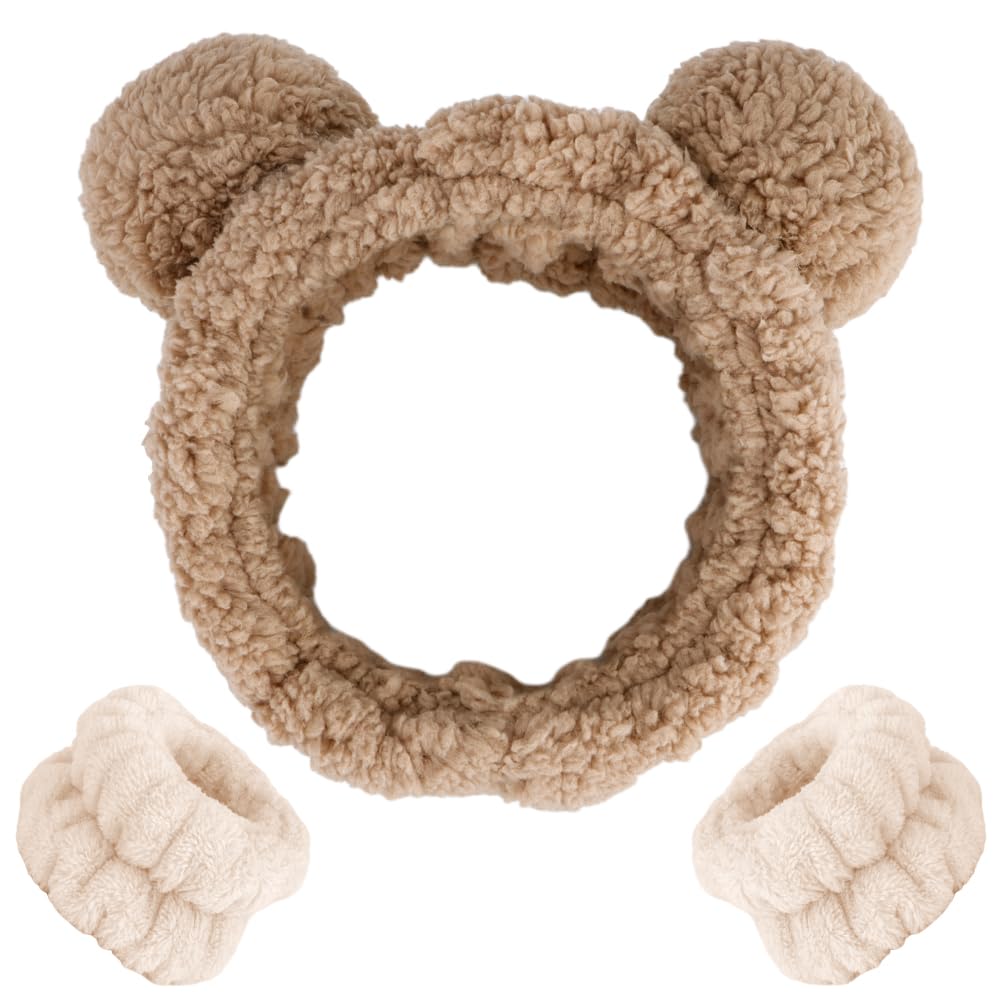 AHONEY khaki bear ears headband front view shows cute design and secure fit