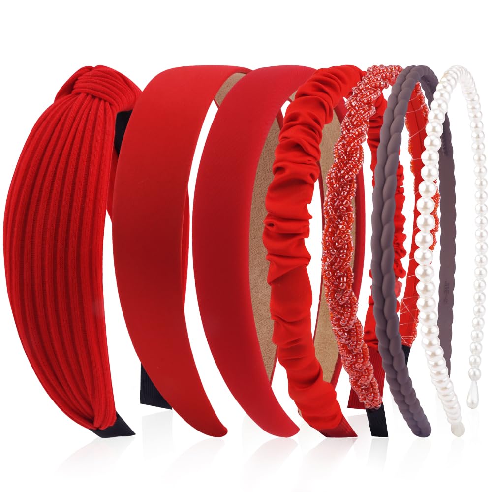 AHONEY red headbands pack front view showing seven styles and color