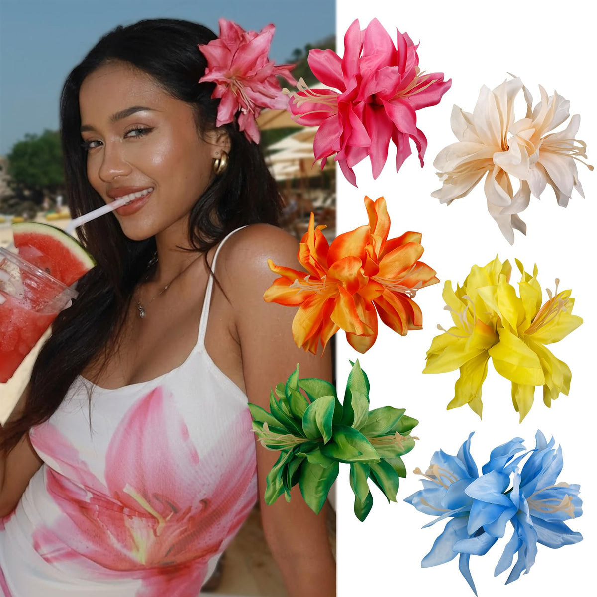 AIBFRID front display of six large hibiscus clips showing vibrant colors and bold style