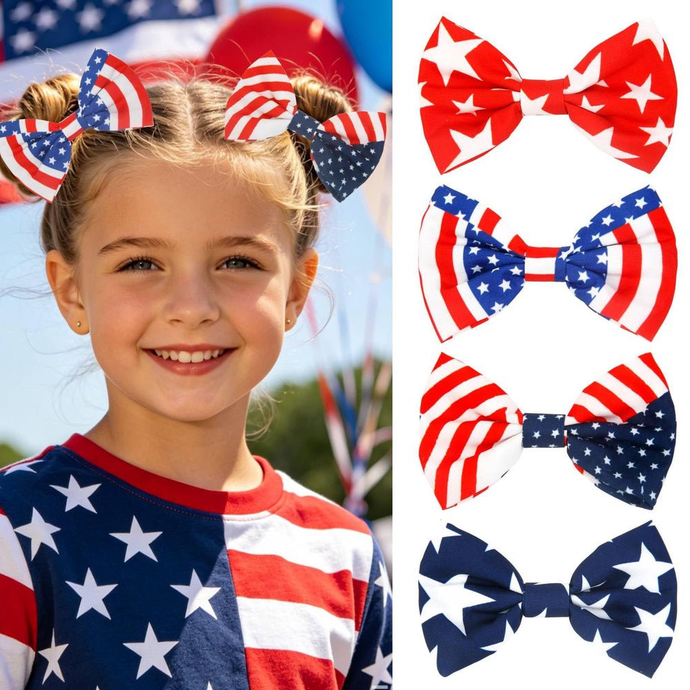 AIBFRID front view of four patriotic hair clips showing bold colors and variety benefits