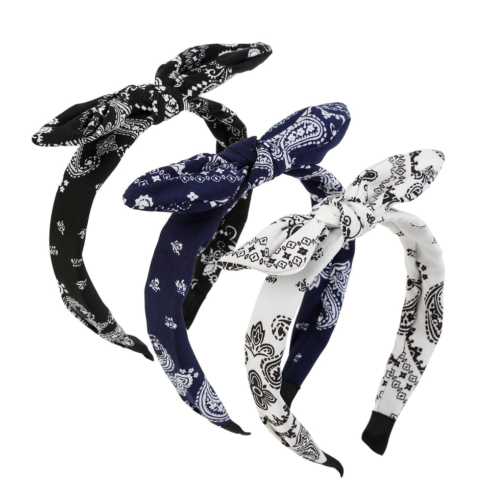 AIBFRID front view of three paisley bow headbands in black white navy, versatile accessory