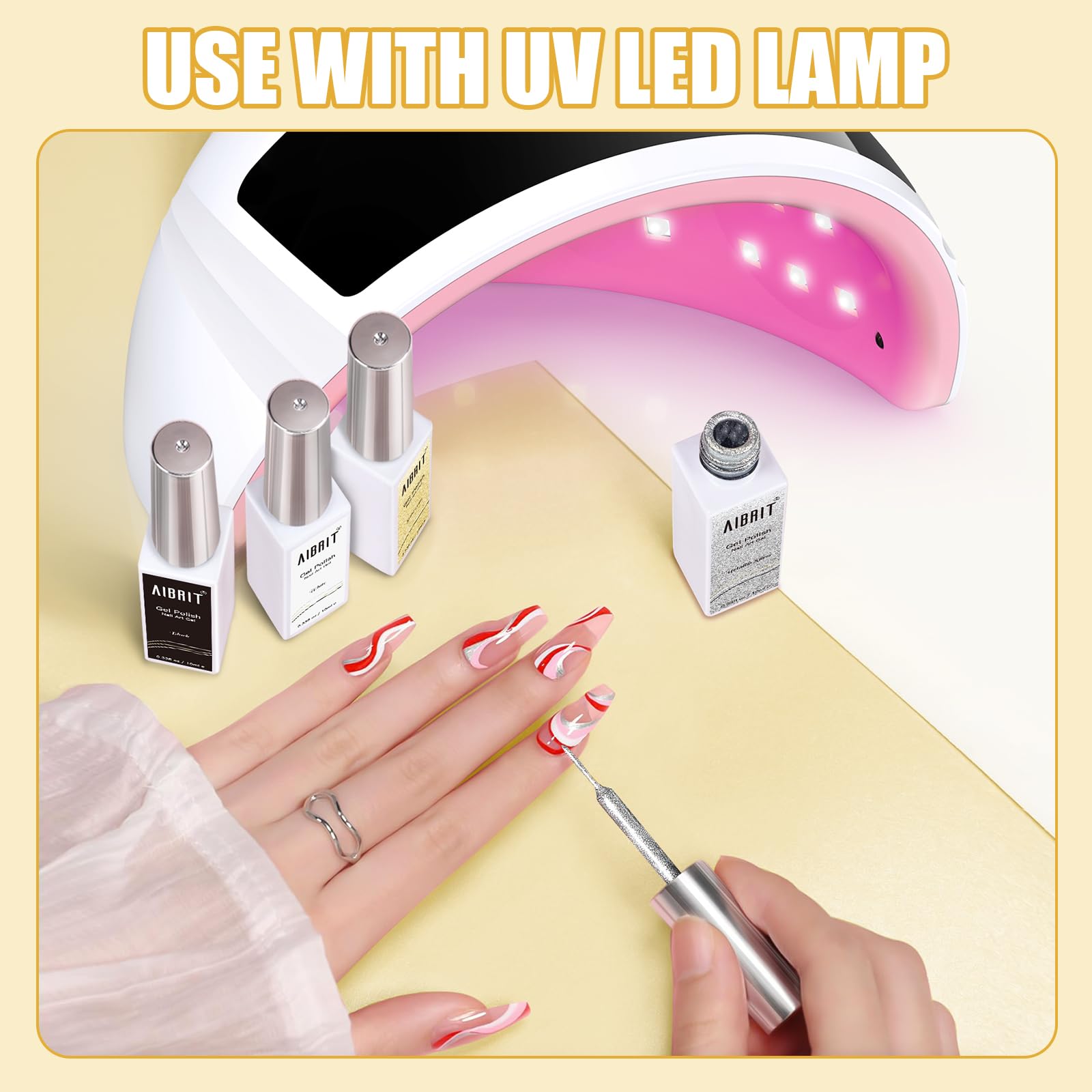 AIBRIT home manicure setup with lined nails showcasing quick DIY design benefit