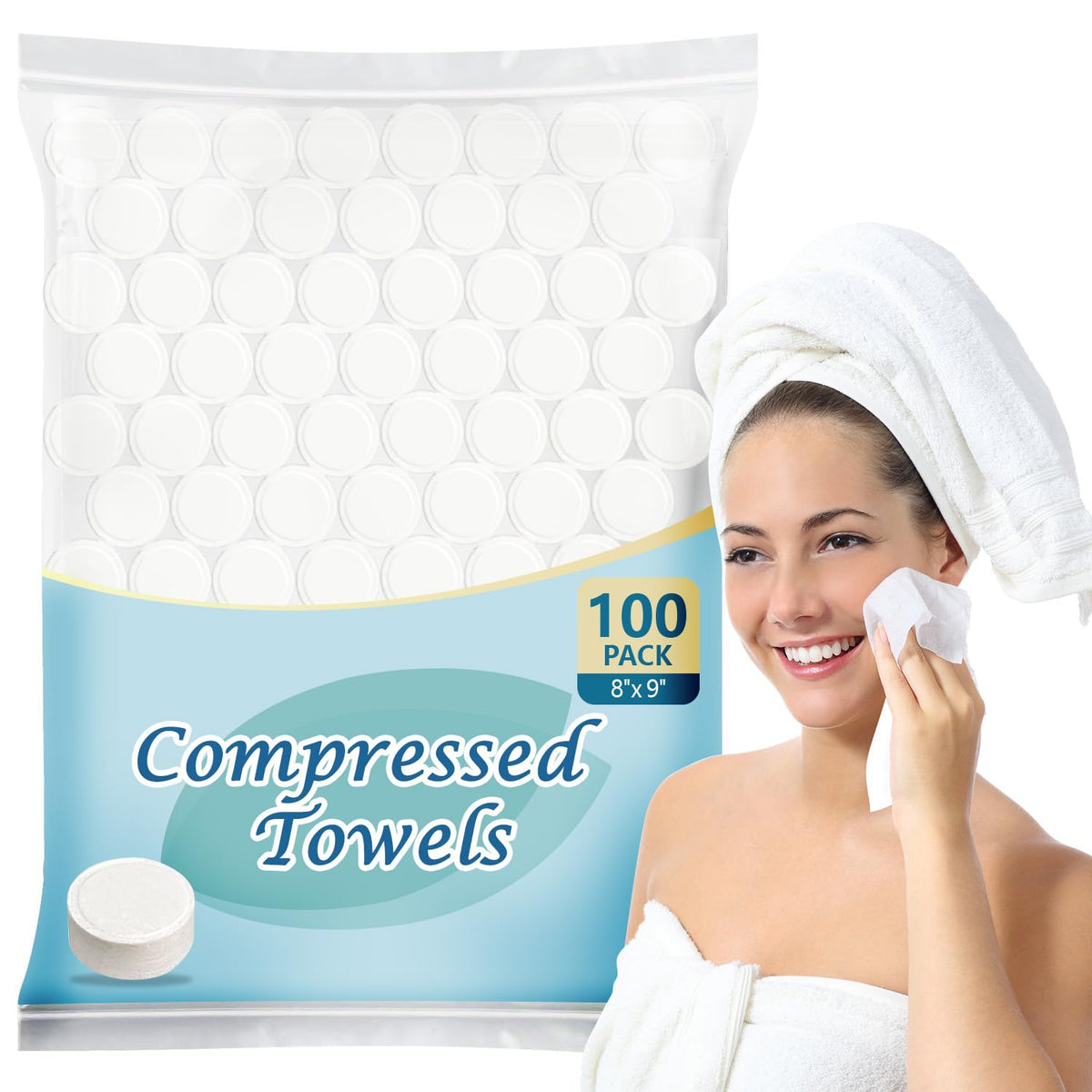 AIDEA front packaging showing 100 compressed towels and benefits
