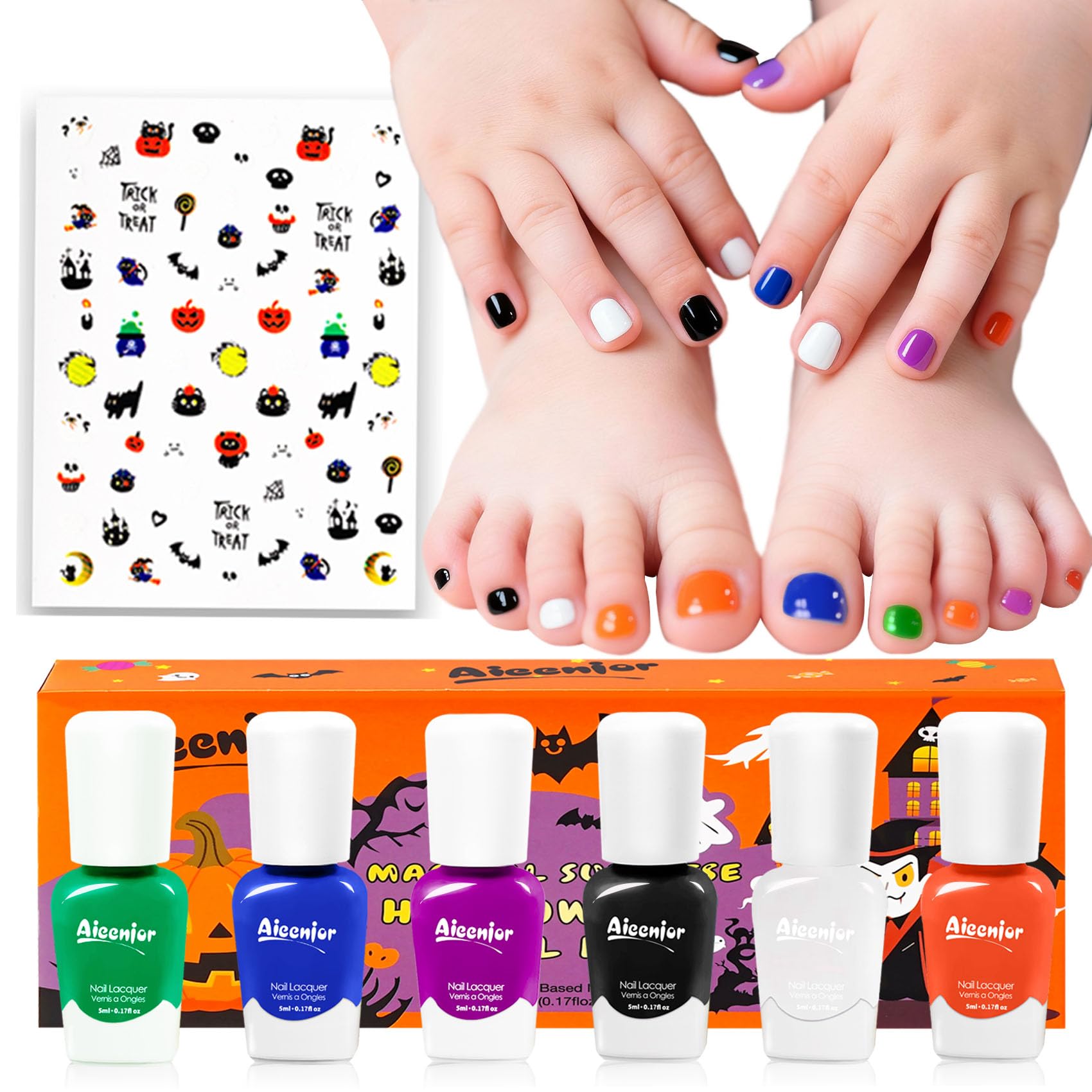 Aieenjor front packaging showing six colorful mini bottles and stickers, playful gift appeal