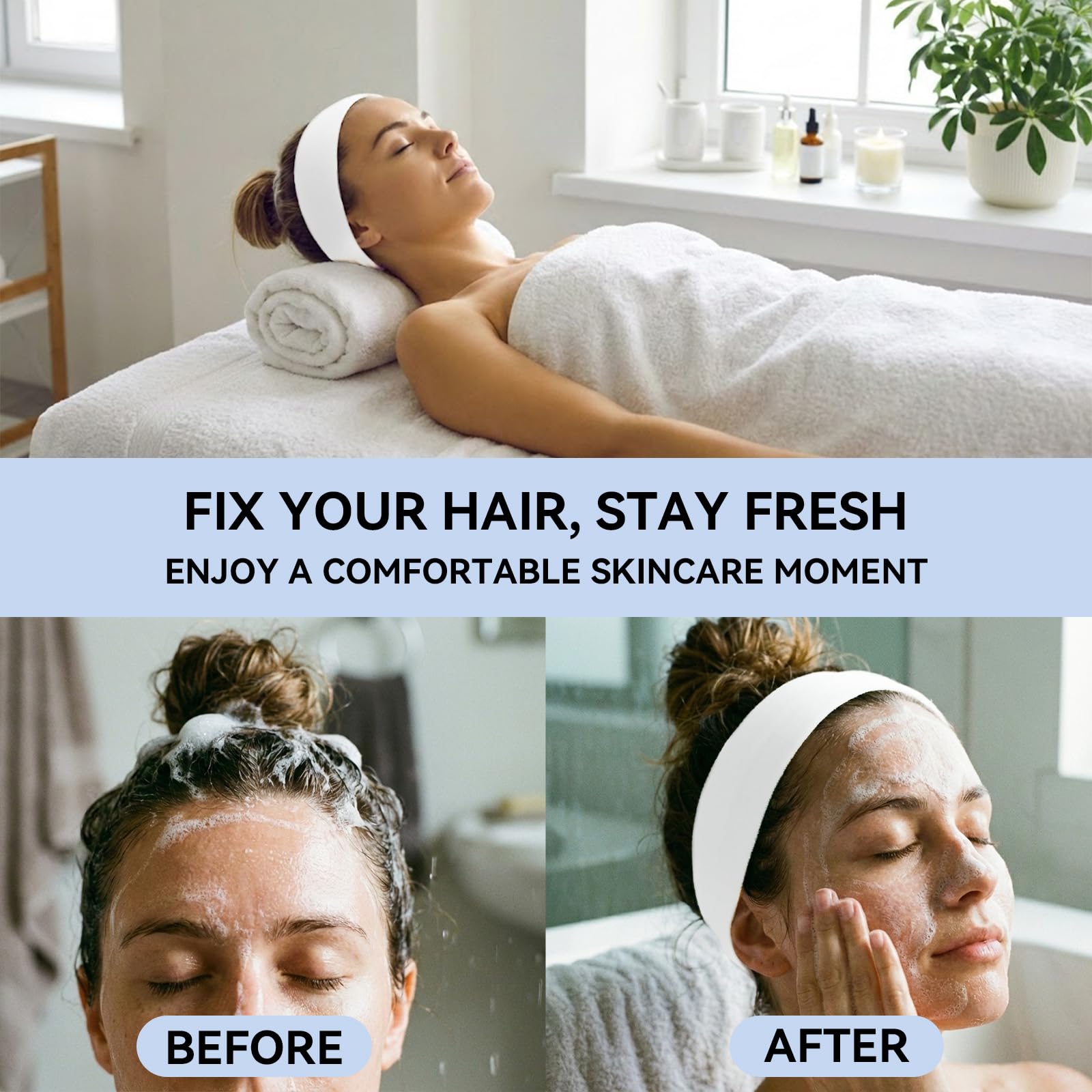 AIHOPESTO headband in use during a facial, keeping hair away cleanly
