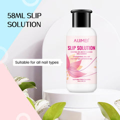 AIJIMEI slip solution bottle close-up displaying label and precise dispensing benefit