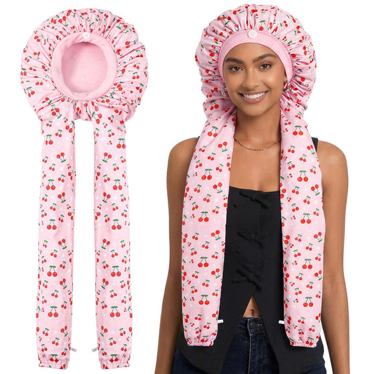 Aileam cherry print front view showing stylish protection for braids