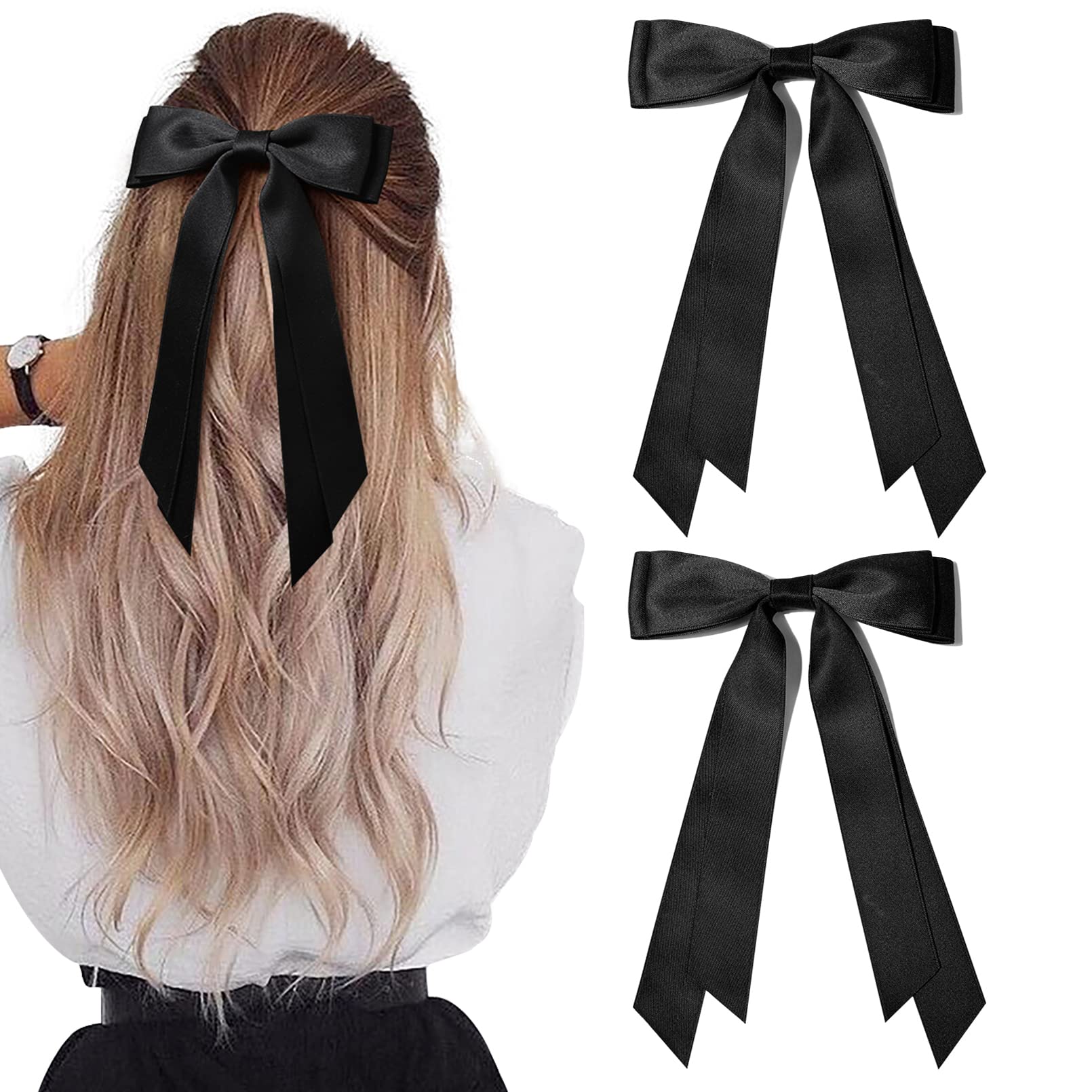 Aileam front view of two black satin bows showing neat finish and gift-ready look