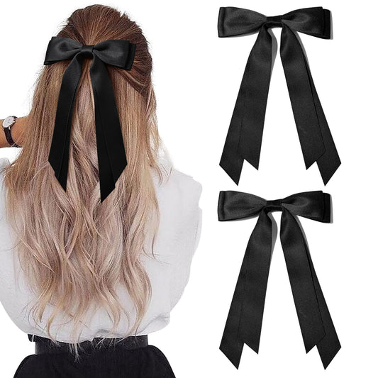 Aileam front view of two black satin bows showing neat finish and gift-ready look