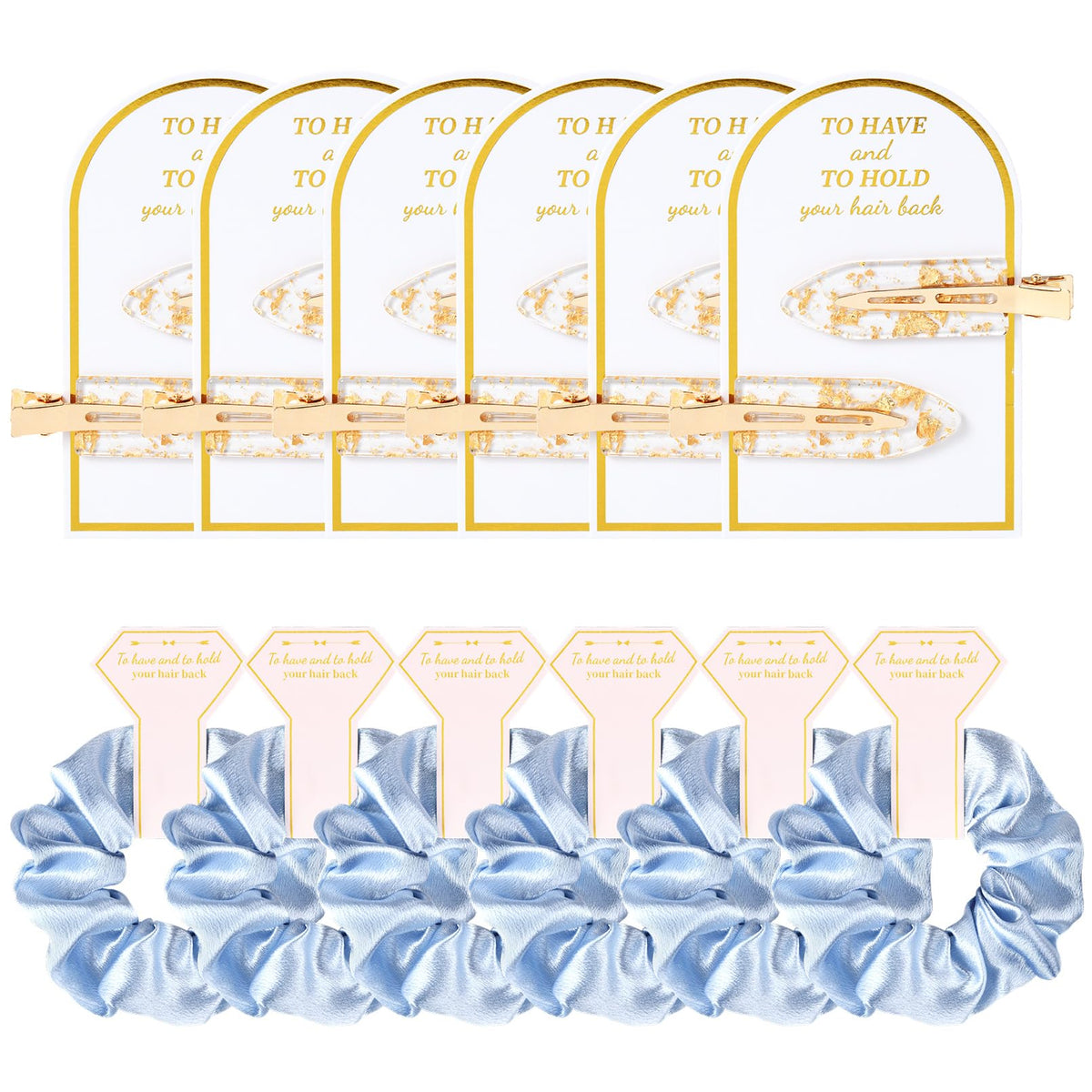 Aileam front packaging showing full blue clip and scrunchie set for gifting