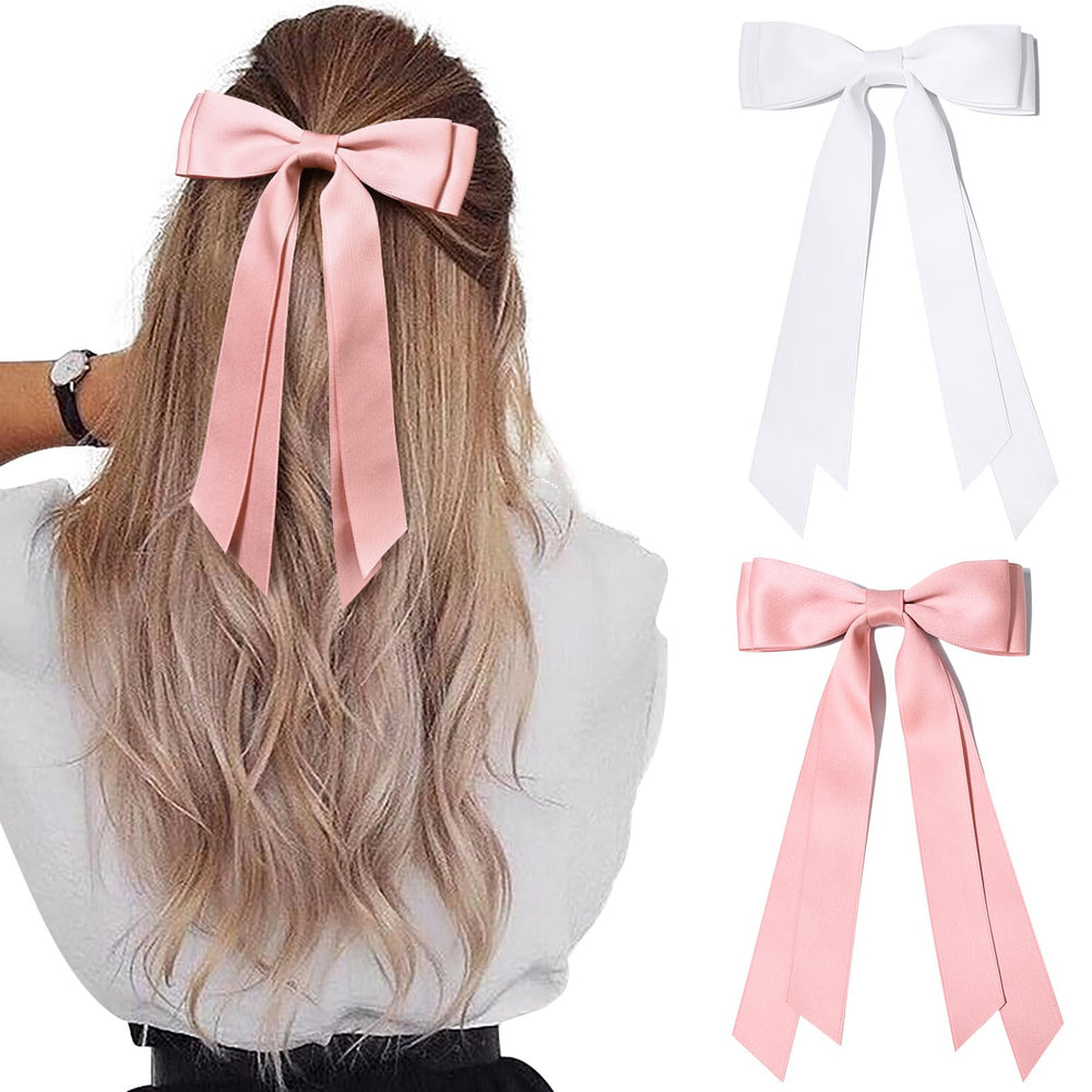 Aileam front view of pink and white satin bows showing polished look and styling benefit