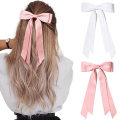 Aileam front view of pink and white satin bows showing polished look and styling benefit