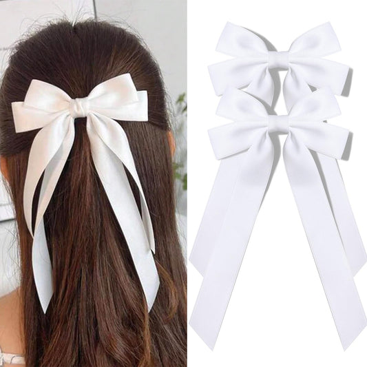 Aileam white satin bow front view showing neat loops and elegant finish for polished looks