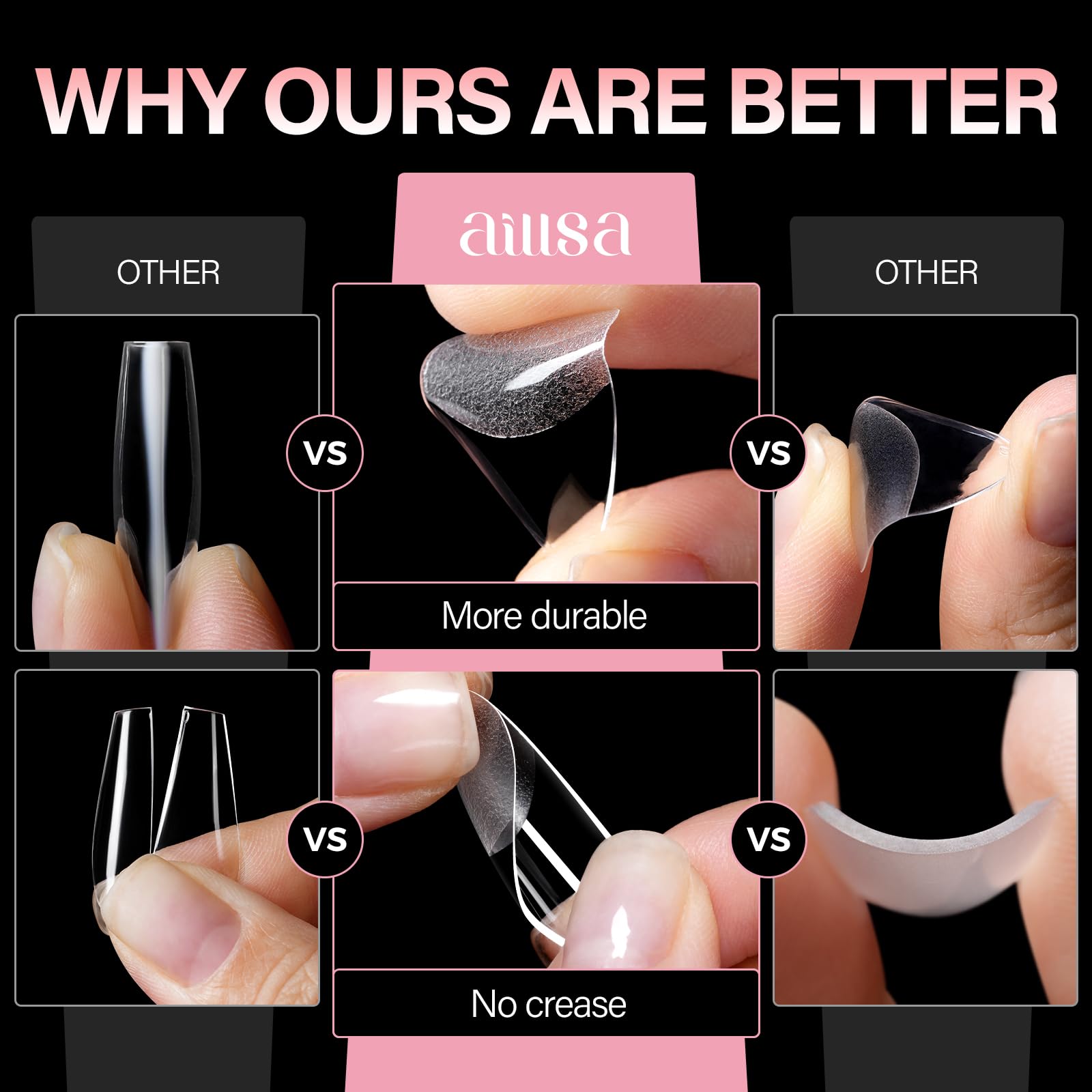 AILLSA press-on nails applied to natural nails demonstrating snug, bubble-free bond