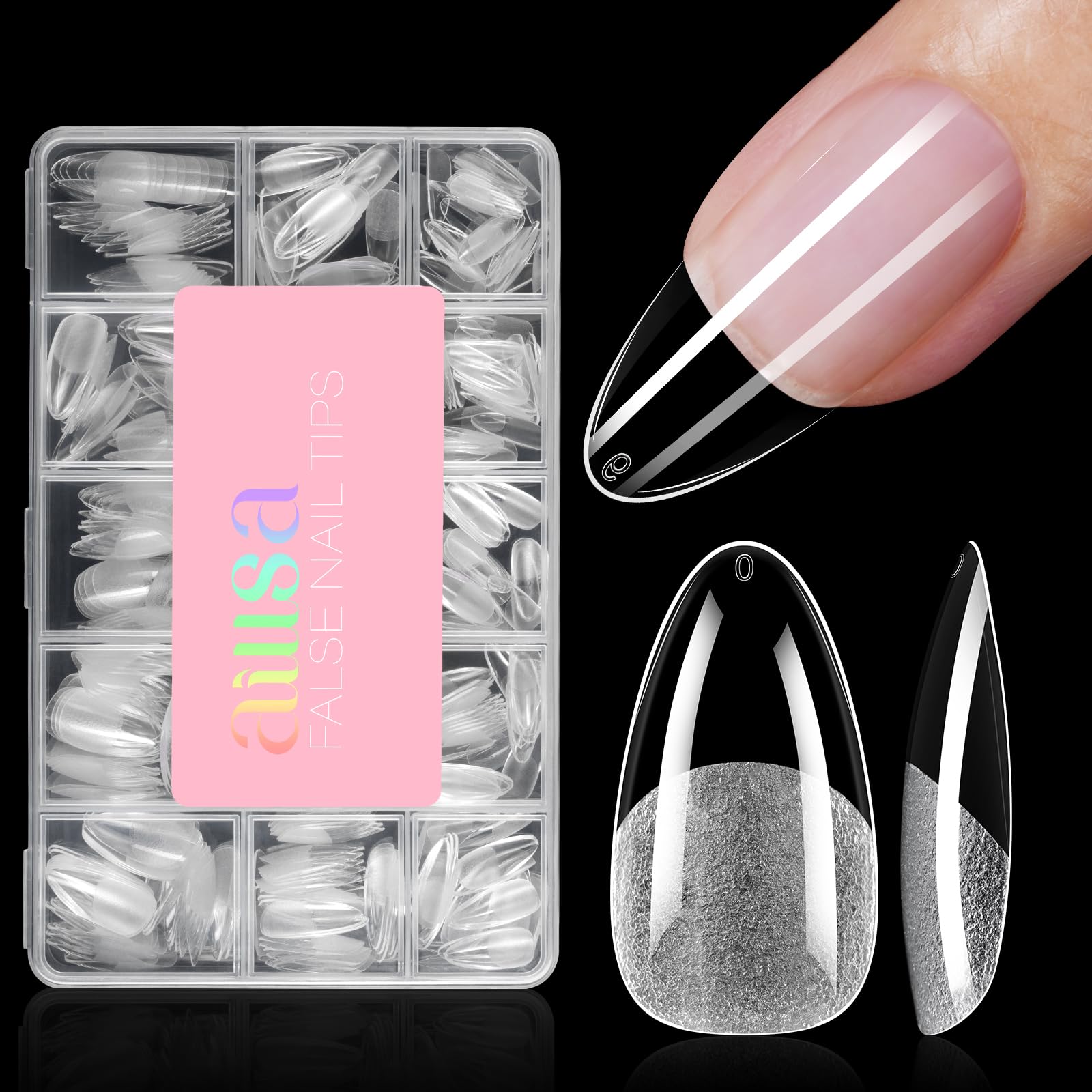 AILLSA front packaging showing 450-piece almond tips and tidy compartments, easy selection benefit