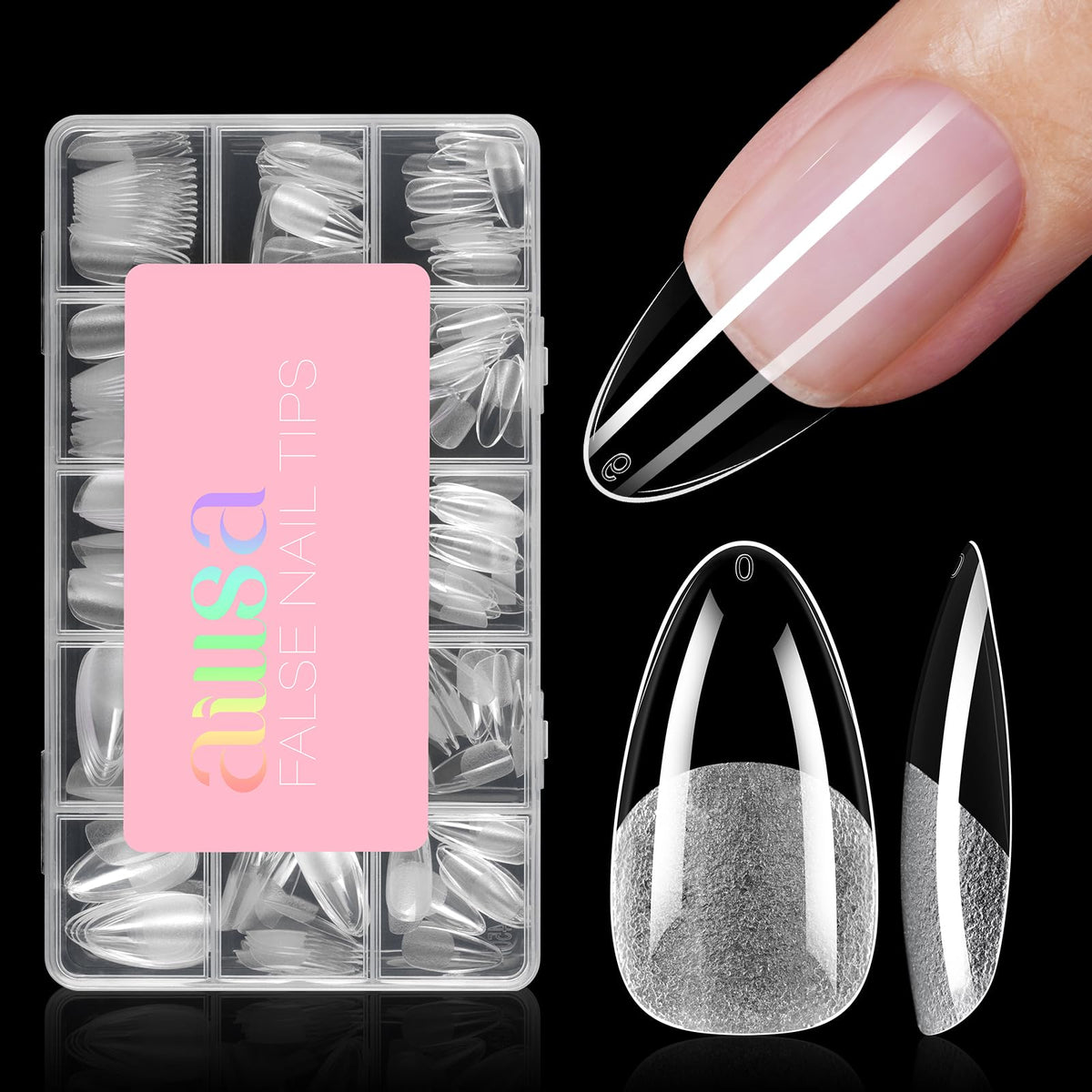 AILLSA front packaging showing 240-piece almond tips and set benefits