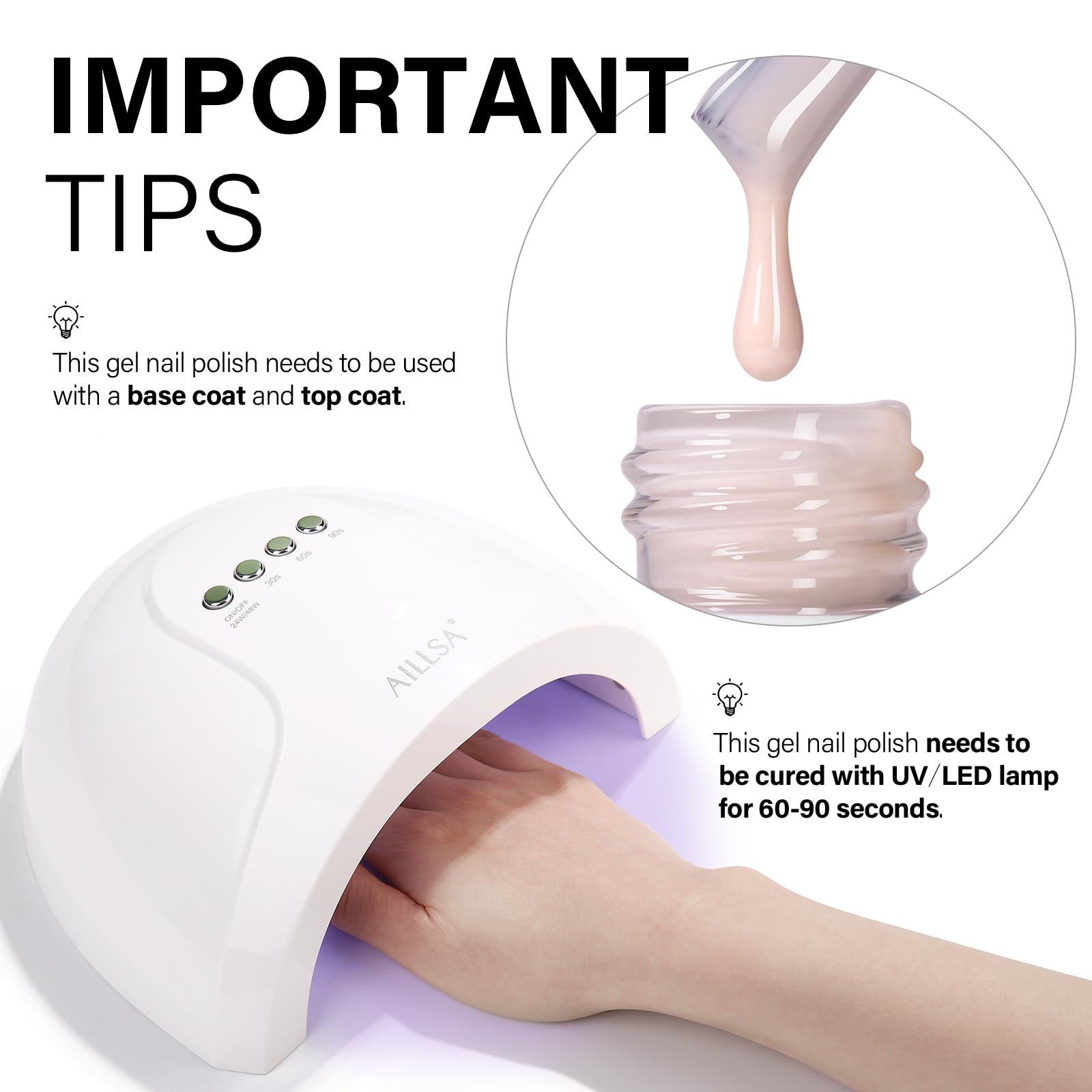 AILLSA bottle beside LED lamp during curing benefit: cures quickly for salon results