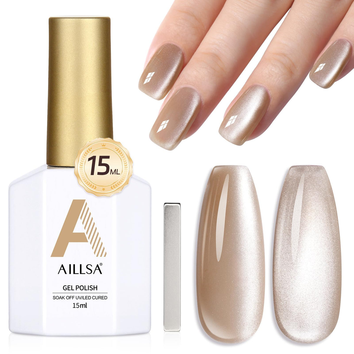 AILLSA bottle front view showing champagne gold gel and easy application