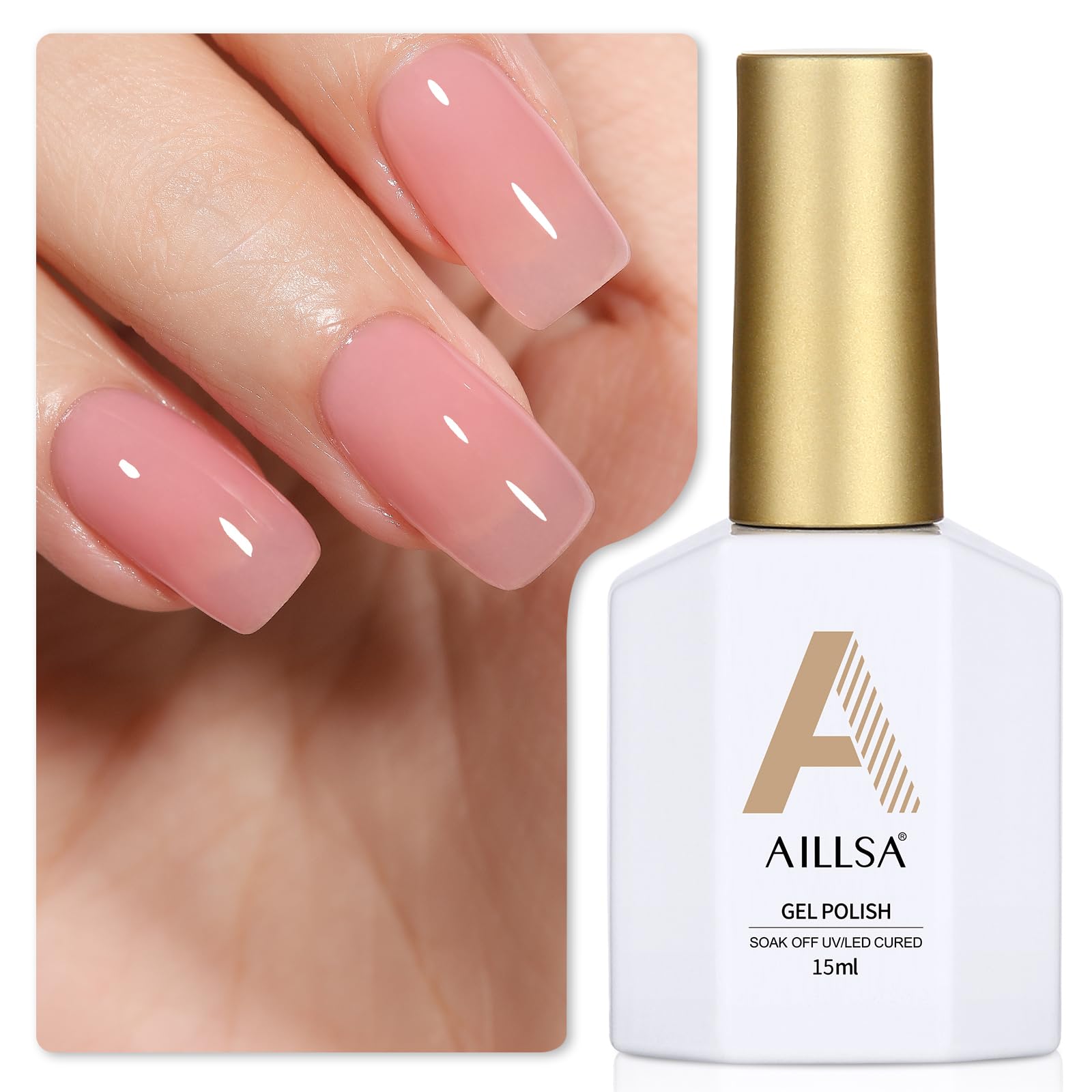 AILLSA bottle front view showing nude pink polish and elegant packaging benefit