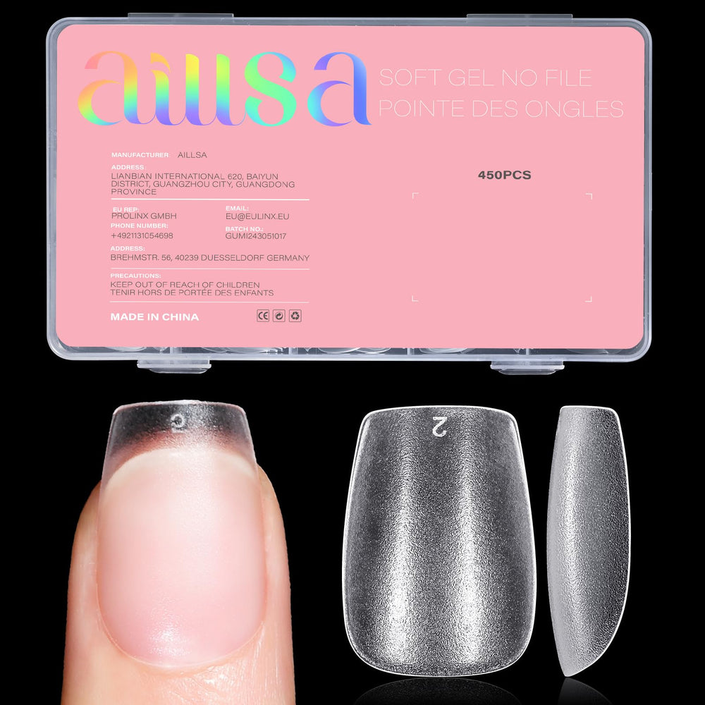 AILLSA clear front packaging showing 450 nail tips for easy selection