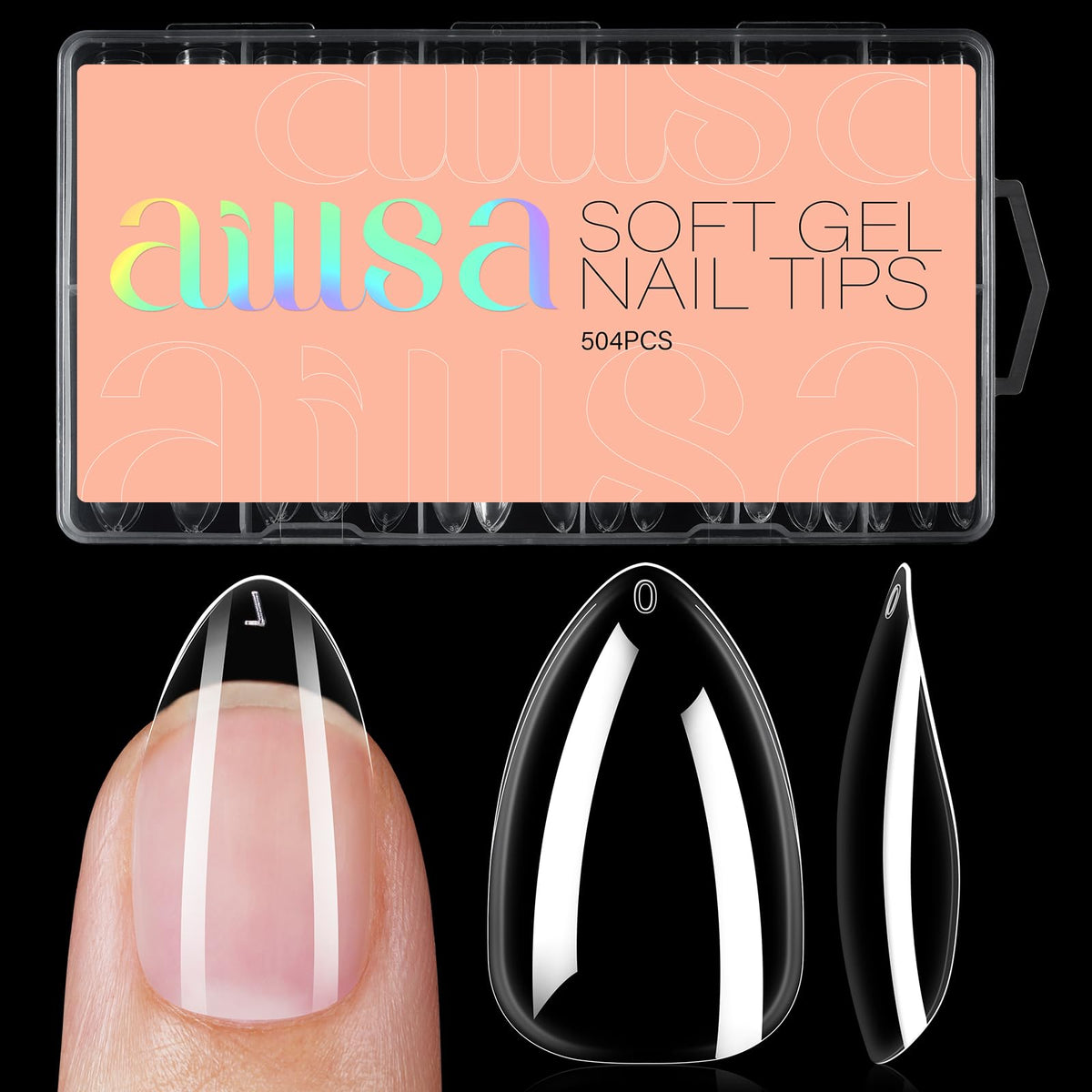 AILLSA front packaging showing 504 clear stiletto tips and organized box benefit convenience