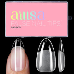 AILLSA front packaging showing 240 medium almond nail tips and benefits