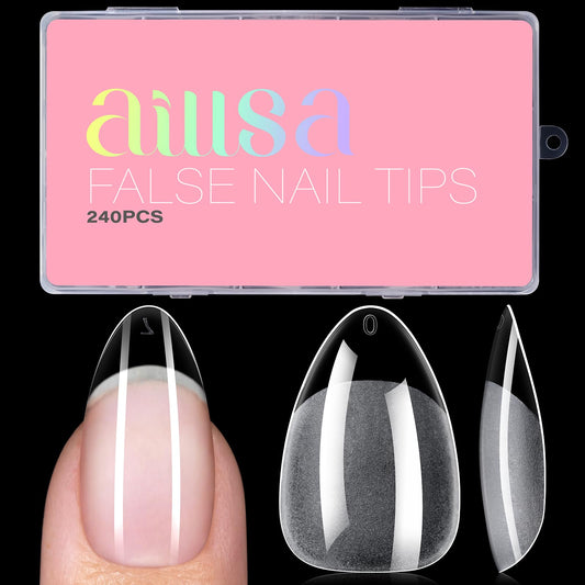 AILLSA front packaging showing 240-piece short almond tips, easy storage and selection