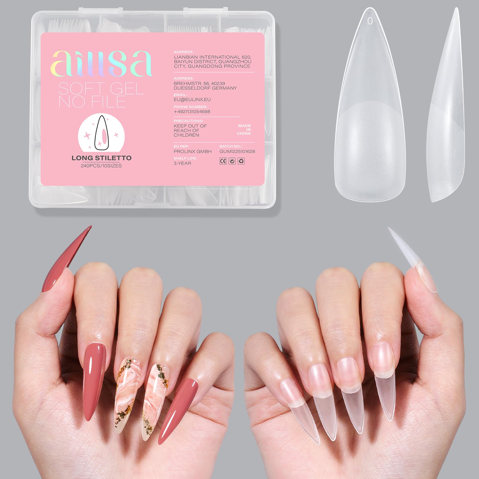 AILLSA front packaging showing full 240pcs stiletto kit and pink gift box benefit organized gifting