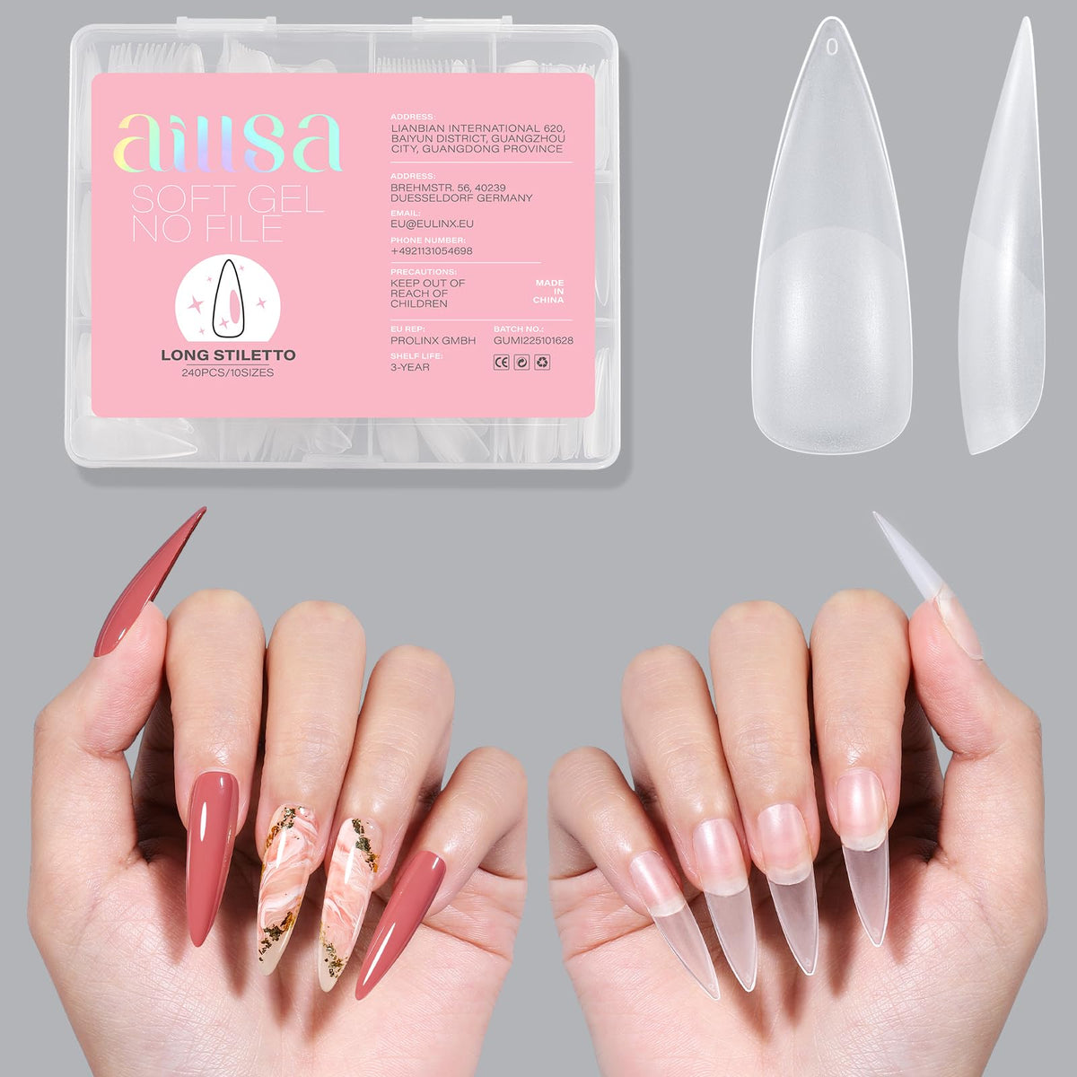 AILLSA front packaging showing full 240pcs stiletto kit and pink gift box benefit organized gifting