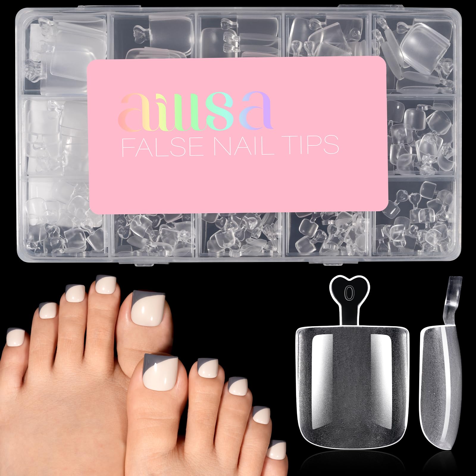 AILLSA front packaging showing all 150 toe tips and sizes, ready for salon use