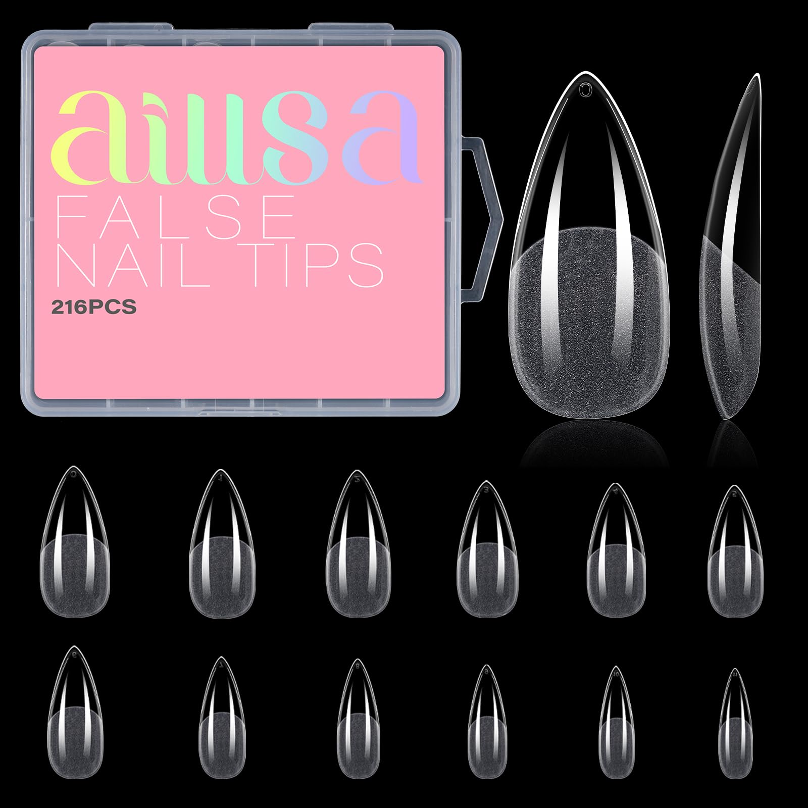 AILLSA front packaging showing 216-piece almond tips and benefits