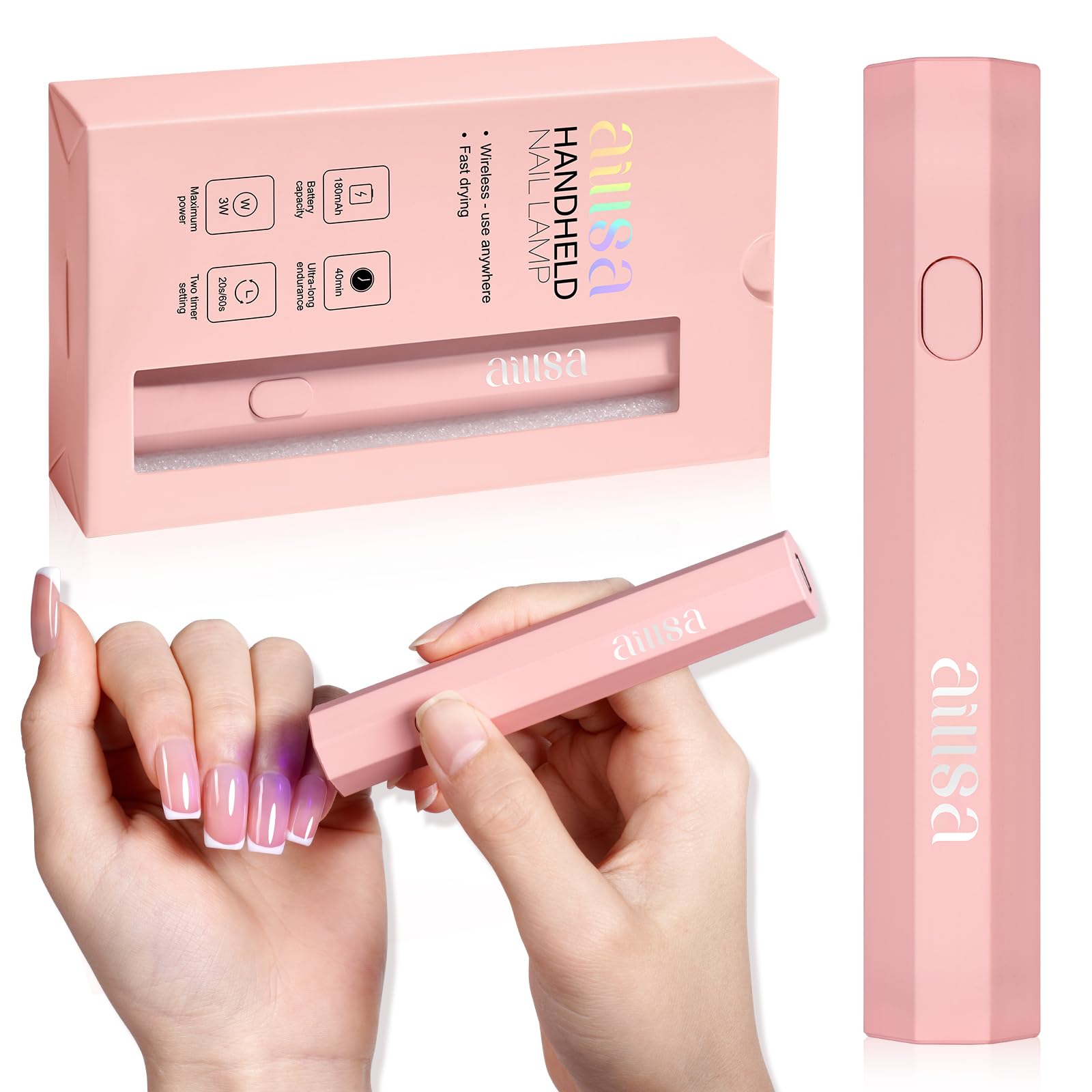 AILLSA front view pink handheld UV lamp showing compact design and fast curing