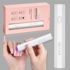 AILLSA mini UV light front view showing compact white housing and button for fast drying
