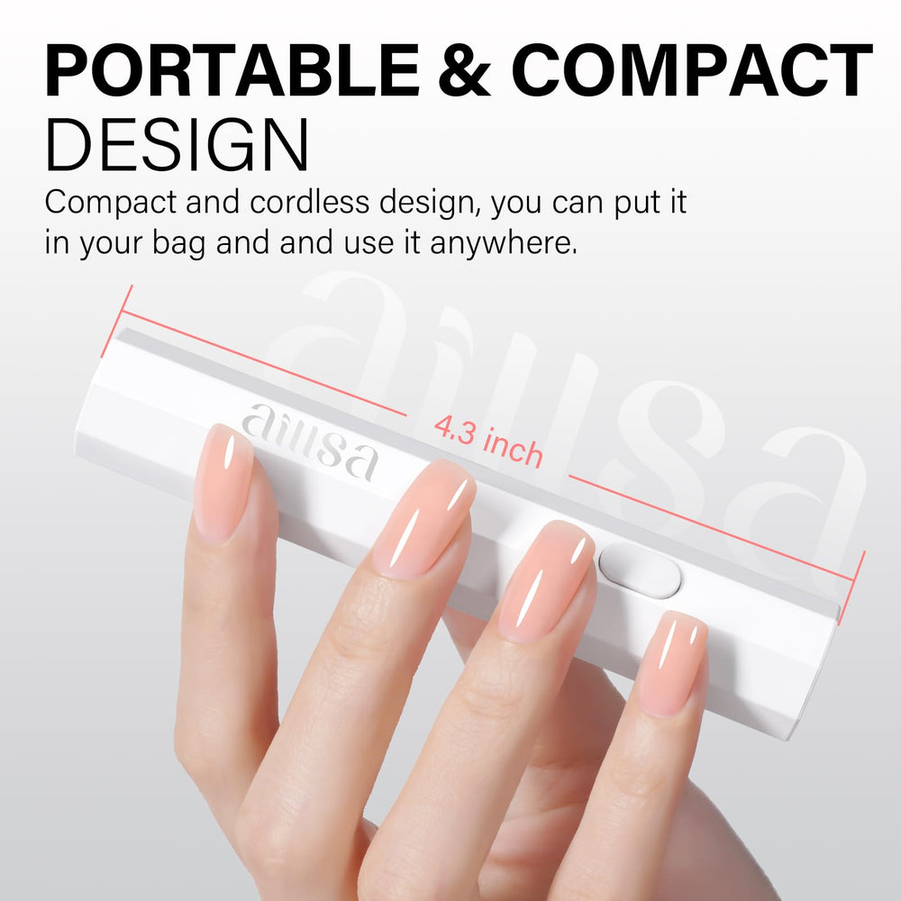 AILLSA mini UV lamp held in hand to show scale and easy portability benefit