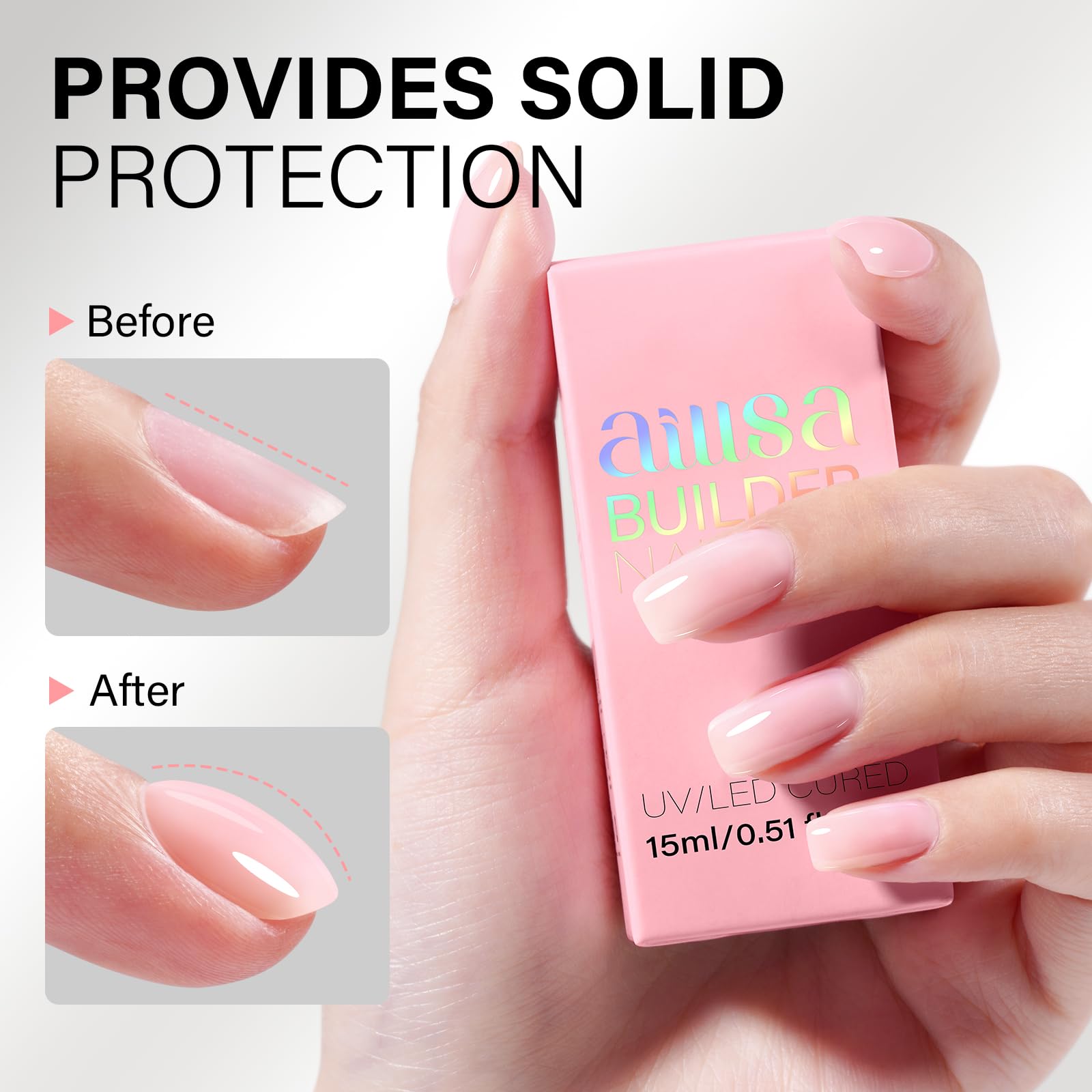 AILLSA before and after nail extension example illustrating strengthened, natural-looking length