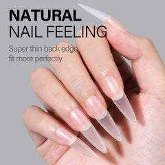 AILLSA side profile of a long stiletto tip highlighting sleek silhouette and durable shape