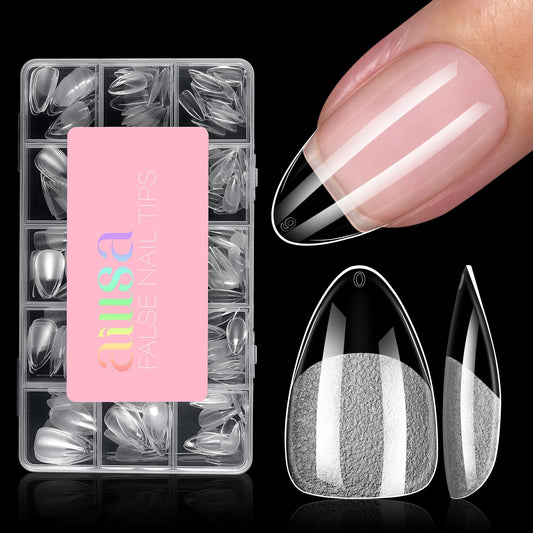 AILLSA front packaging showing 240 almond nail tips and storage box for easy selection