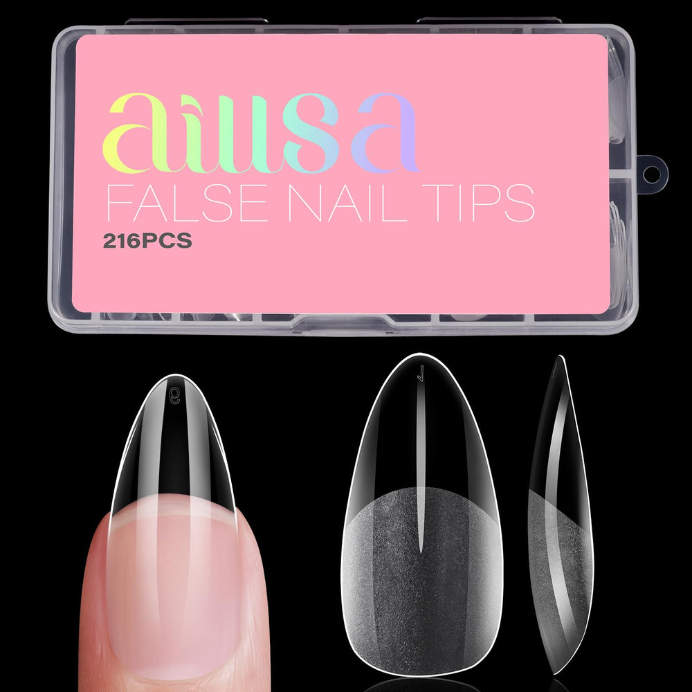 AILLSA front packaging showing 216 clear almond press-on tips, convenient kit