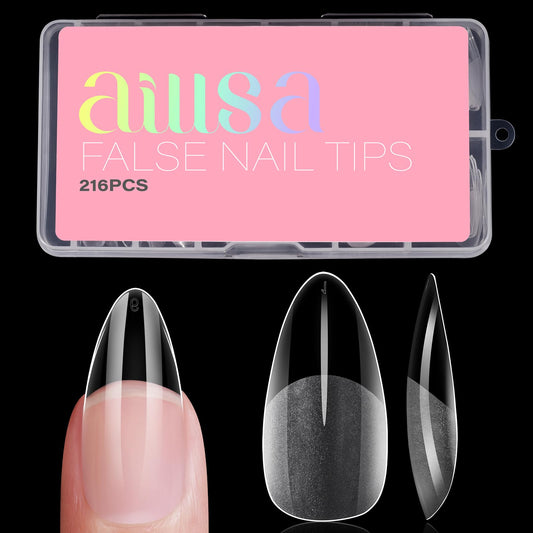 AILLSA front packaging showing 216 clear almond press-on tips, convenient kit