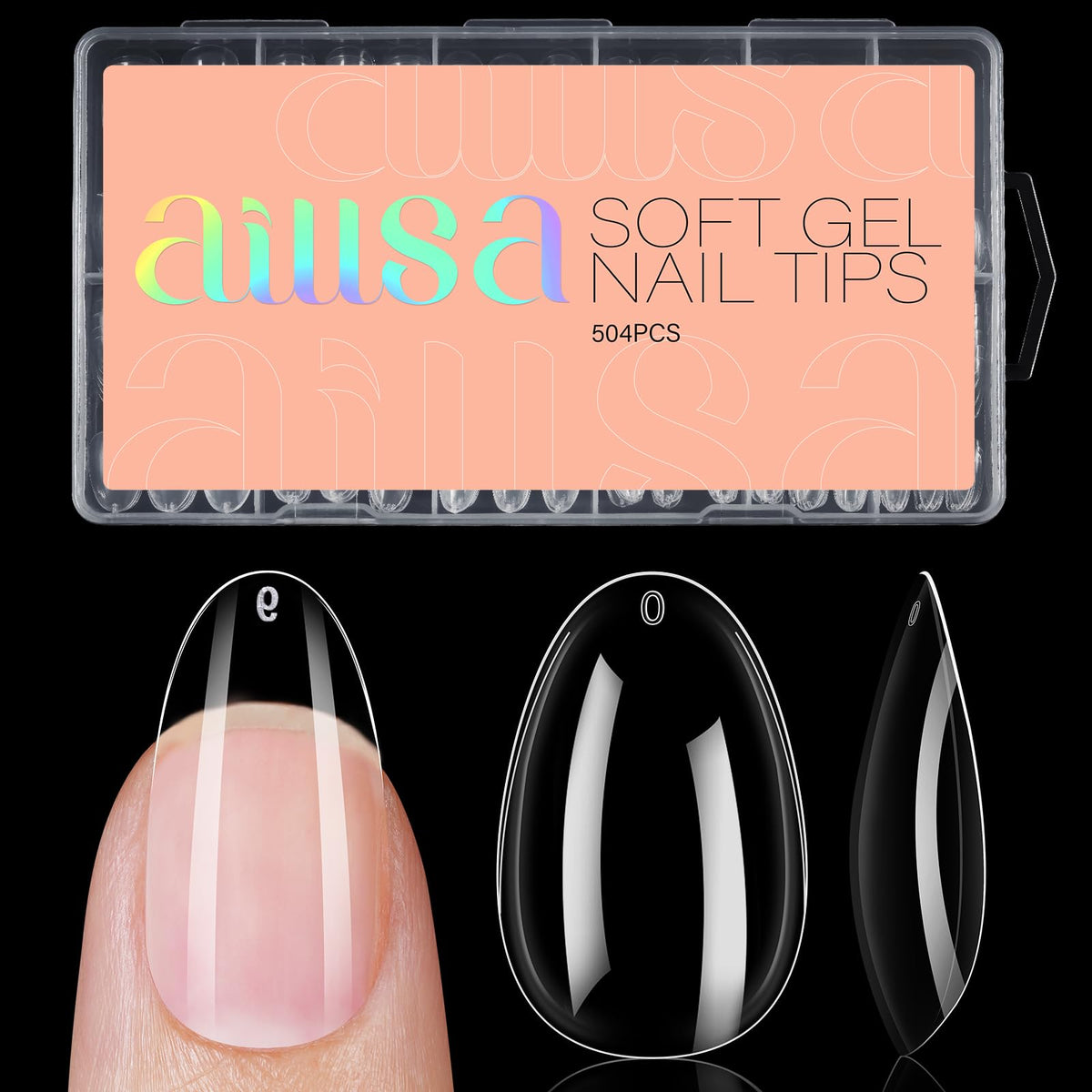 AILLSA front packaging of 504 clear gel nail tips showing full set and box — organized supply benefit