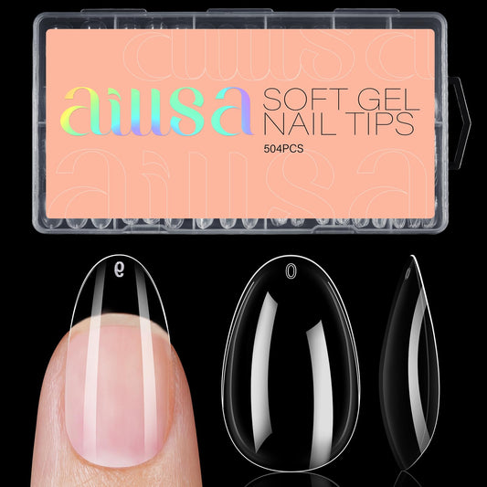 AILLSA front packaging of 504 clear gel nail tips showing full set and box — organized supply benefit