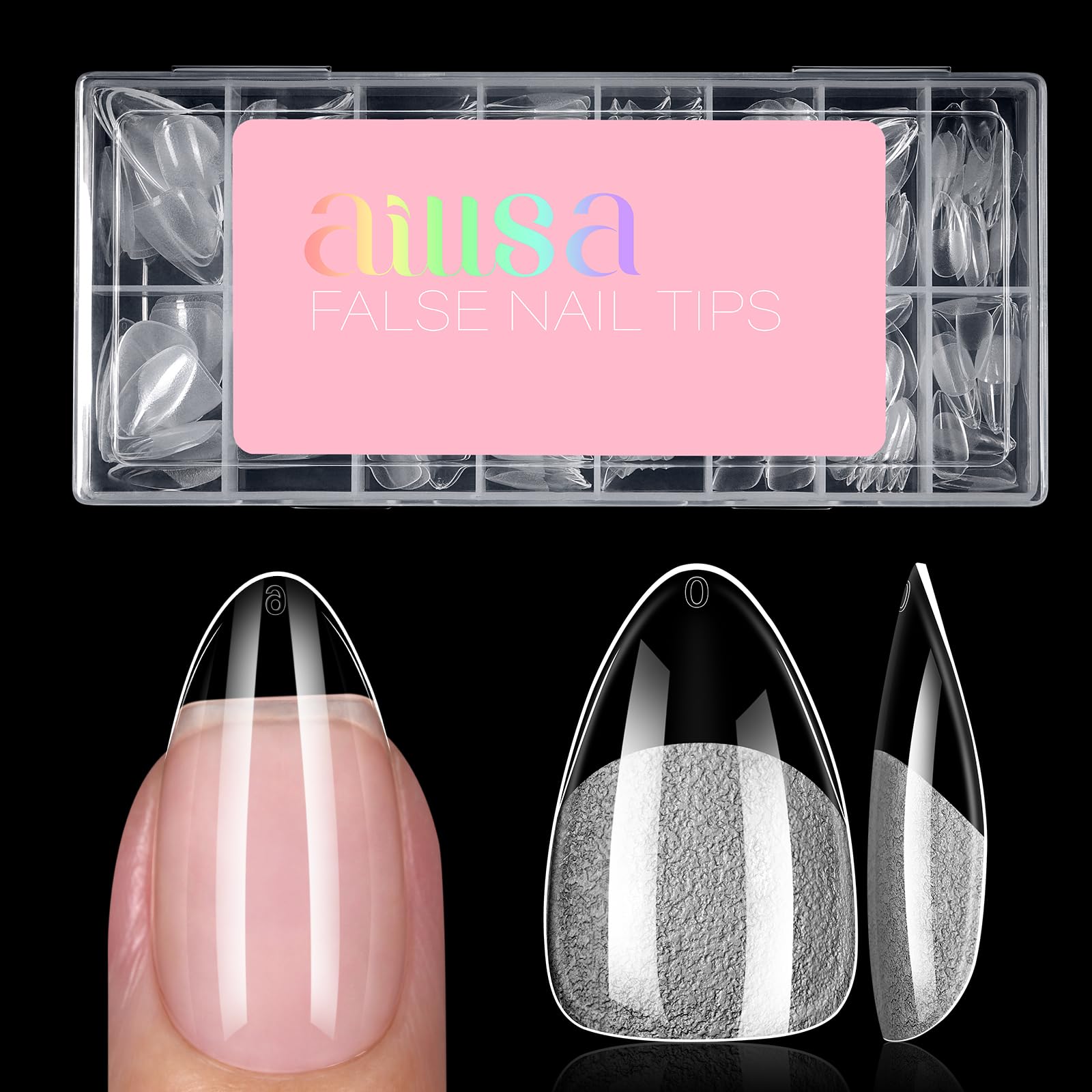 AILLSA front packaging showing 120 short almond tips and box, quick salon results