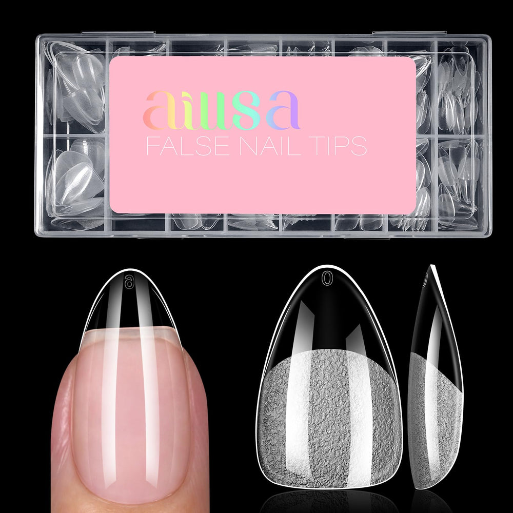 AILLSA front packaging showing 120 short almond tips and box, quick salon results