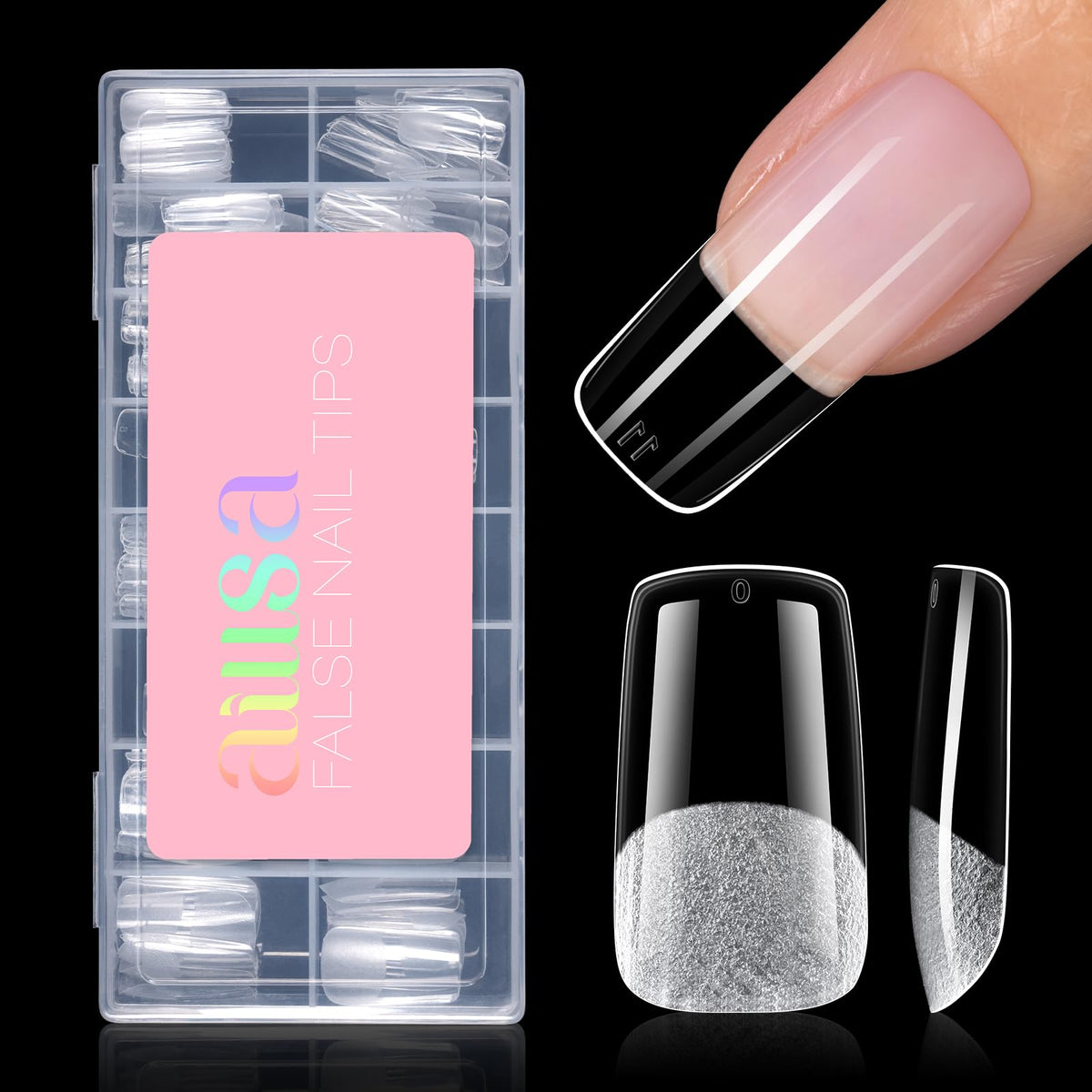 AILLSA front packaging showing 120 pre-filed medium square nails and quick setup benefit