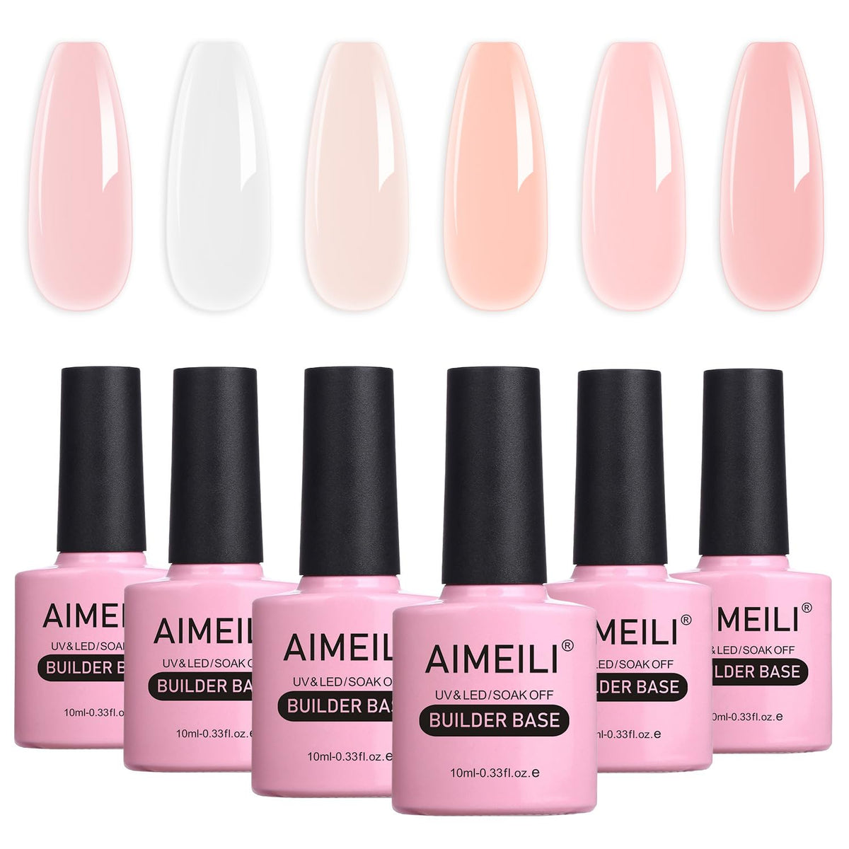 AIMEILI kit front view showing six clear builder base gel bottles, professional convenience