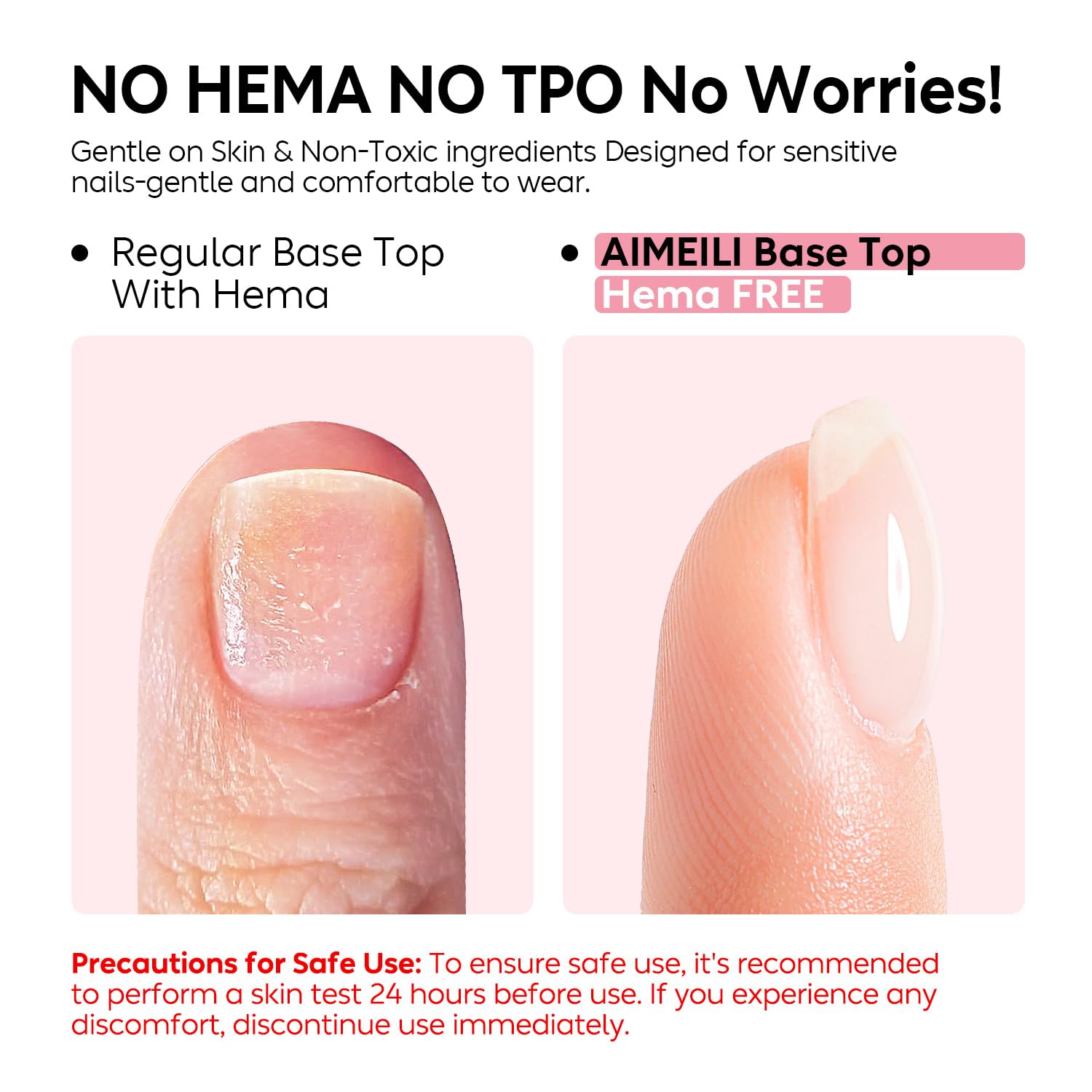 AIMEILI label close-up highlighting HEMA-free formula for gentler nail care