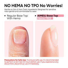 AIMEILI label close-up highlighting HEMA-free formula for gentler nail care