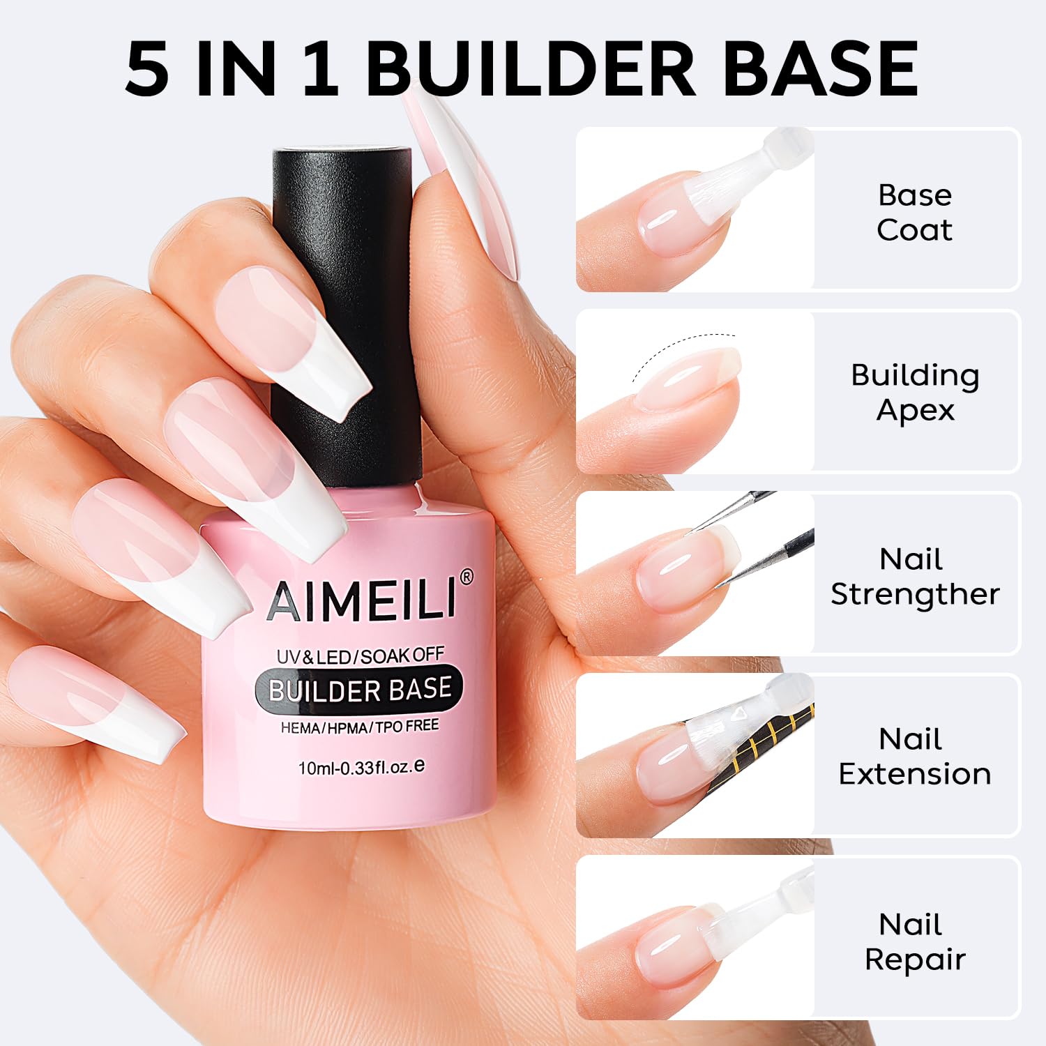 AIMEILI no-wipe top coat bottle label visible to show vegan, HEMA-free formulation and benefits