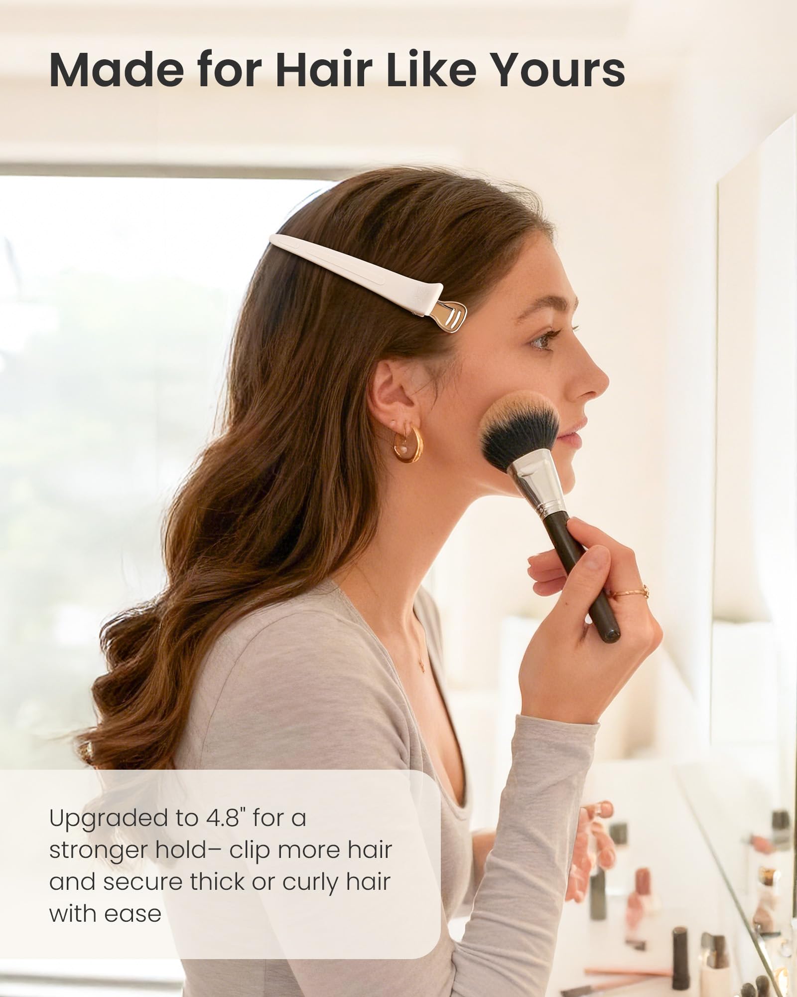AIMIKE clip curved profile on model securing hair comfortably for styling